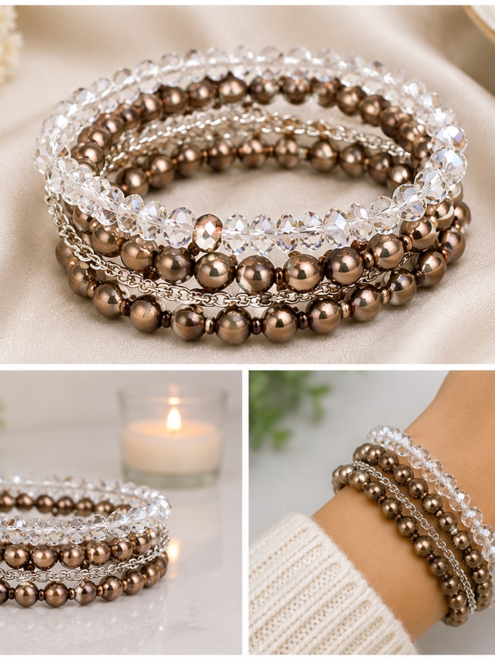 Crystal and Bronze Beaded Multi-Strand Bracelet